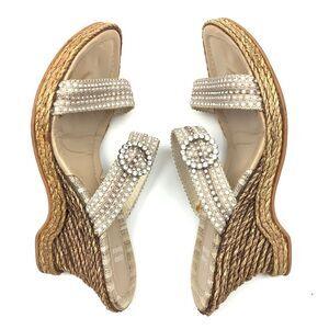 Pearls Rhinestone Wedge Sandals Platform Espadrille Slides Shoes Women 7.5 Tan